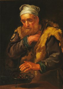 Interior con un anciano calentando sus manos sobre un brasero de Bernhard Keil